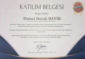 Temporomandibular eklem disfonksiyonları tanı ve tedavi yöntemleri 18 saatlik eğitim katılım belgesi, Şubat 2025 İstanbul