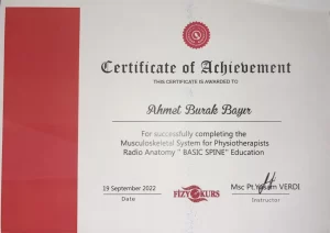 Fizyoterapistler için kas-iskelet sistemi radyolojik anatomi – Temel Omurga eğitimi başarı sertifikası, 19 Eylül 2022