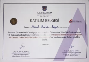 VI. Ortopedik Rehabilitasyon Sempozyumu katılım belgesi – İstanbul Üniversitesi-Cerrahpaşa ve Acıbadem Üniversitesi, 3 Aralık 2022