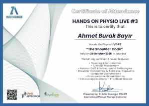 Hands On Physio Live #3 – The Shoulder Code omuz semineri katılım sertifikası, 25 Ekim 2025 İstanbul