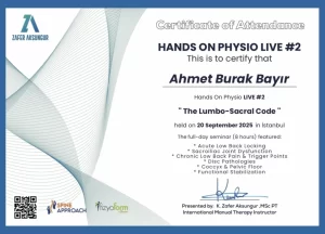 Hands On Physio Live #2 – The Lumbo-Sacral Code bel ve sakroiliak semineri katılım sertifikası, 20 Eylül 2025 İstanbul