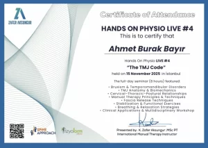 Hands On Physio Live #4 – The TMJ Code çene eklemi semineri katılım sertifikası, 15 Kasım 2025 İstanbul