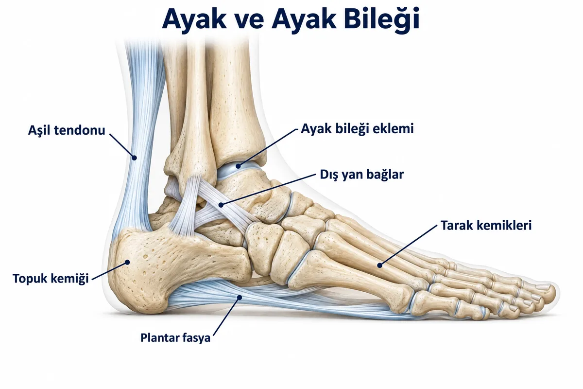 Ayak ve ayak bileğinin dış yandan görünümü: aşil tendonu, topuk kemiği, plantar fasya, ayak bileği eklemi, dış yan bağlar ve tarak kemikleri