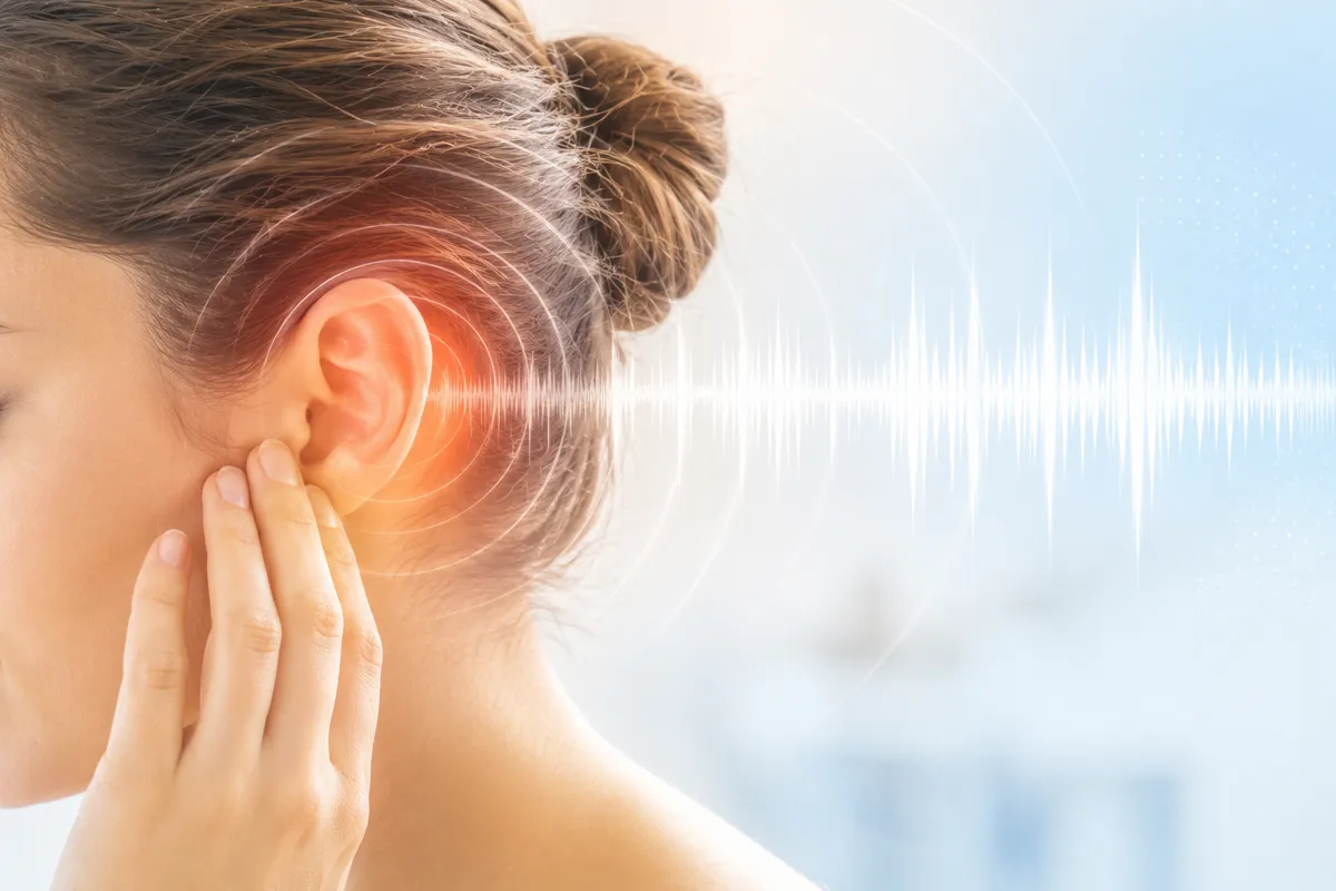 Kulağını eliyle tutan kadın; kulak çevresinde çınlamayı temsil eden ses dalgaları (tinnitus)