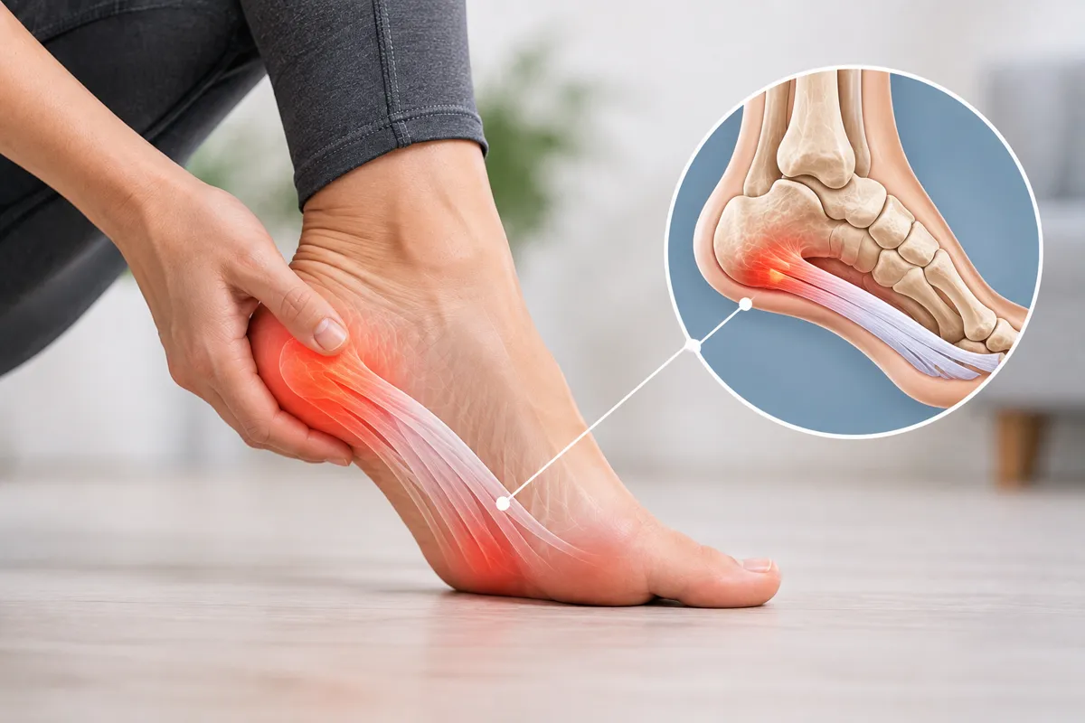 Topuğunu eliyle tutan kişi; ayak tabanında topuktan parmaklara uzanan plantar fasya ve topuktaki ağrı bölgesi işaretli, yanında topuk kemiği anatomisi
